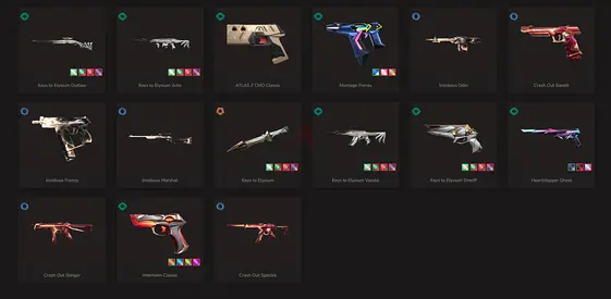 VALORANT weapon skins collection — multiple sidearms and rifles (in-game items)