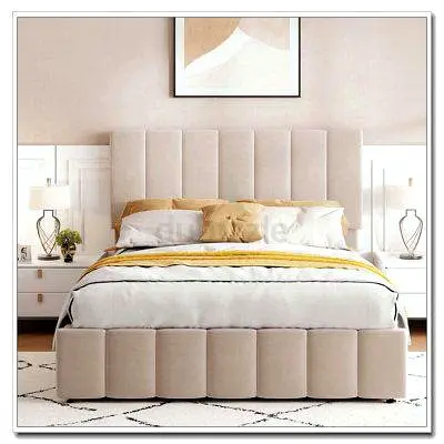Upholstered King Size Bed Frame with Padded Headboard - Light Beige
