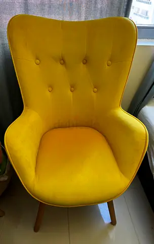 Yellow Velvet Accent Armchair with Wooden Legs - Good Condition