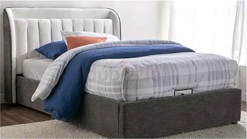 Grey upholstered double bed including Simmons Nest mattress.