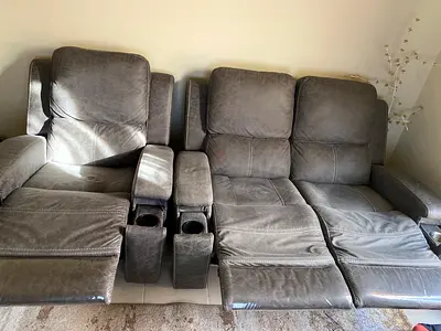 Gray Leather Recliner Sofa with Cup Holders - 1 Single Seater and 1 two seater