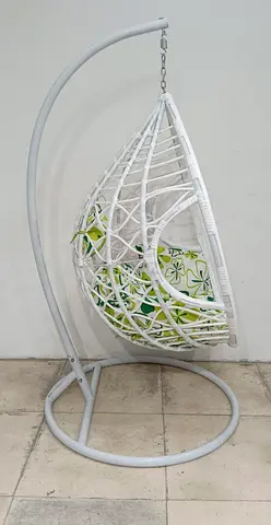 White Rattan Hanging Egg Chair with Stand and Cushion