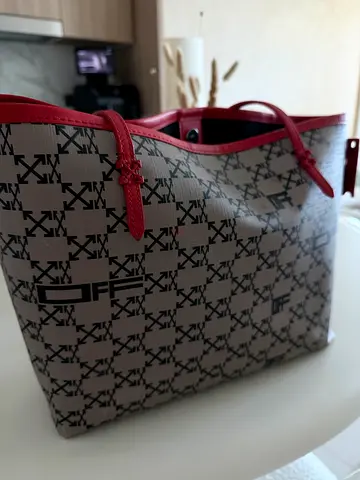 Off white  patterned tote bag with red leather trim — spacious everyday bag