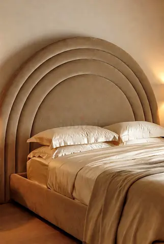 Beige Arched Upholstered Bed with Padded Headboard