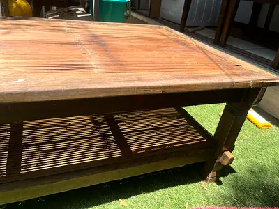 Solid Wood Coffee Table with Lower Slatted Shelf - Rustic Finish, bamboo top