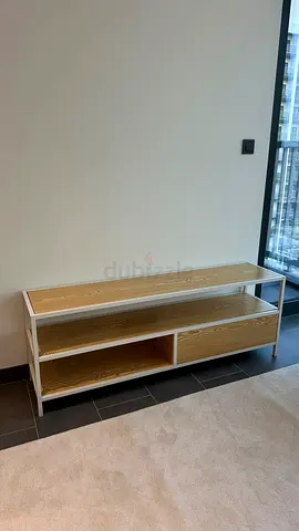 Low TV Unit / Media Console - White Frame with Oak Shelves