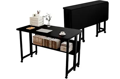 Folding Desk with Wheels and Storage Shelf