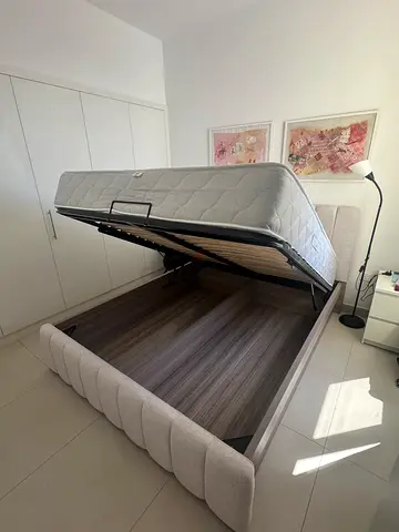 Upholstered Storage Bed with Gas Lift  Mattress - Light Beige, Good Condition