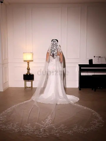 Strapless White Lace Satin Wedding Dress, detachable over skirt, Approx UAE 36-38 (Try-on Photo)
