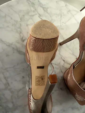Used womens high heel sandals, rose gold, size 39