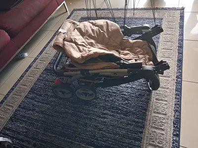 Compact foldable baby stroller/pram – beige, good condition