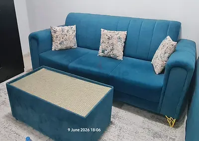 Blue 5-Seater Velvet Sofa with  Cushions - Good Condition