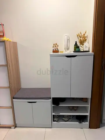 Compact grey shoe cabinet with bench - good condition