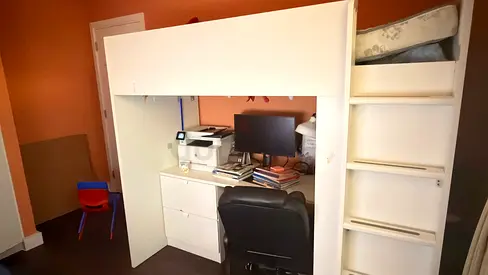 White wooden kids bed with built-in desk and storage - good condition