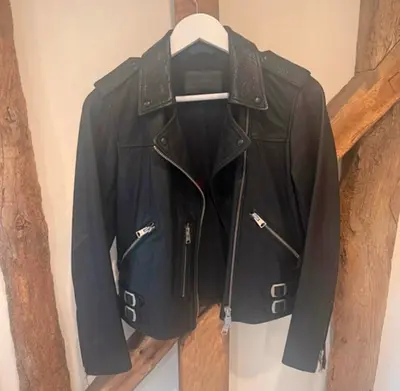 Black leather biker jacket - womens, size approx M- Allsaints