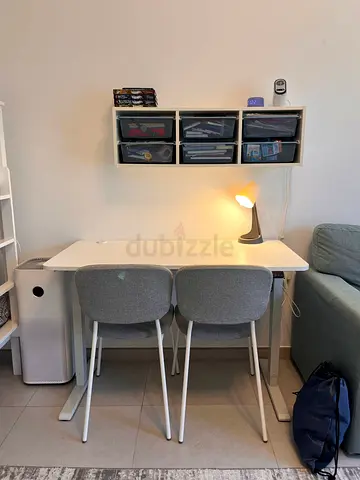 Ikea white desk with two grey chairs  home office set with shelve and organizers. And lamp 120cm60