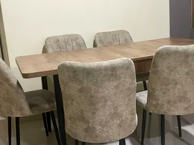 Modern Wooden Dining Table with Upholstered Chairs