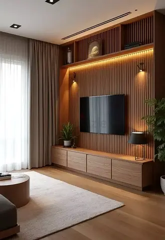 Wall-mounted wooden TV unit with slatted feature panel and integrated lighting