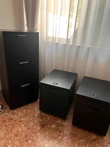 Set of black metal office filing cabinets (tall cabinet + 2 mobile pedestals)