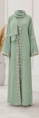 Mint Green Embroidered Abaya with Matching Scarf - Size 56
