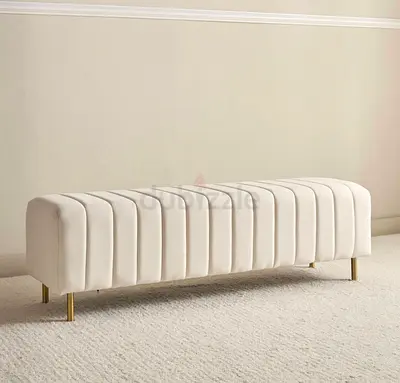 Cream Upholstered Bench with Gold Legs - Long Hallway/Bedroom Seat