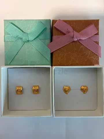 2 pair 18K Real Gold Screw-Back Earrings| Heart and Geometric Design |Small Lightweight |Secure Lock