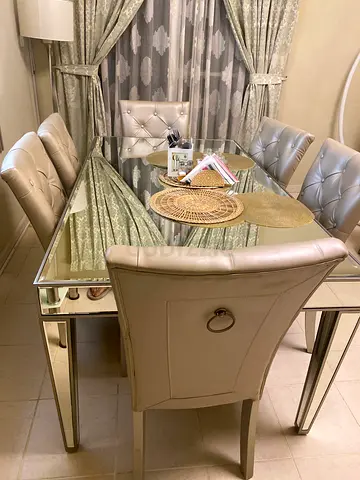 Glass Top Dining Table with 6 Upholstered Chairs - Beige