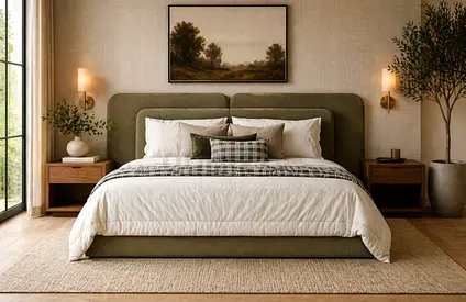 Olive green velvet double headboard super king bed