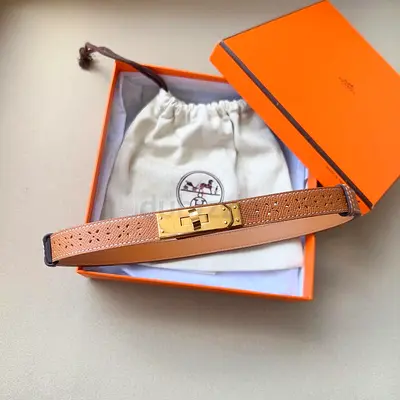 Hermès Kelly-style Epsom Leather Thin Belt with Gold Hardware (Beige)