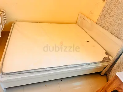 White Wooden Double Bed with Mattress - Good Condition
