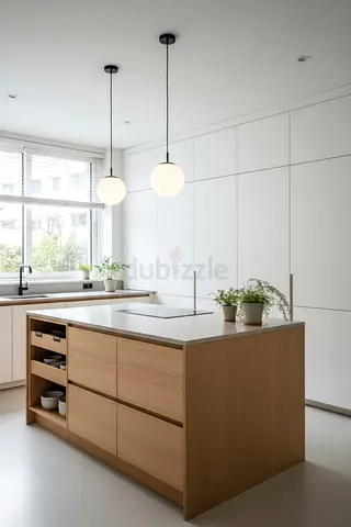 Modern wooden shade kitchen island with storage and quartz countertop