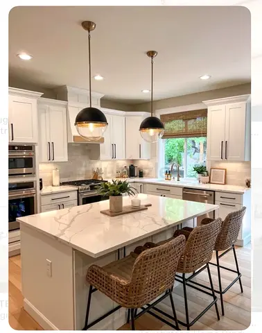 Modern white kitchen with marble island and rattan bar stools (set)