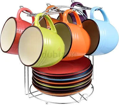 Ceramic Mug and Saucer Set - 6 Colorful Cups
