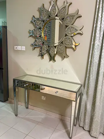 Glass and Mirrored Console Table with Decorative Wall Mirror and a glass Bar table with high chairs