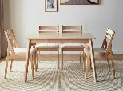 Solid Light Wood 4-Seater Dining Table with Cushioned Chairs