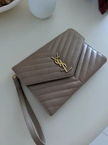 YSL (Saint Laurent) Quilted Leather Wristlet/Clutch - Taupe