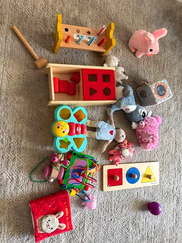Mixed baby toys bundle — wooden puzzles, rattles, plush  activity toys
