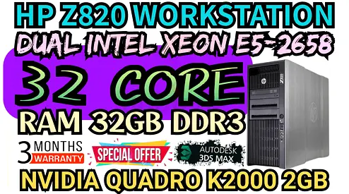 HP Z820 WORKSTATION 32 CORE 2 INTEL XEON E5-2658 RAM 32GB DDR3 NVIDIA QUADRO K2000 2GB DDR5