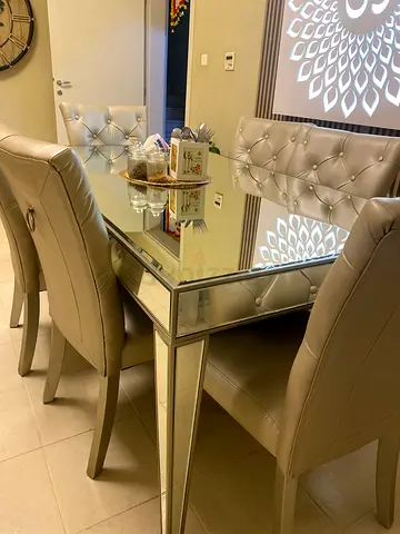 Glass Top Dining Table with 6 Upholstered Chairs - Beige