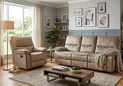 3+2seater reclining sofa with matching recliner — lightly used, beige