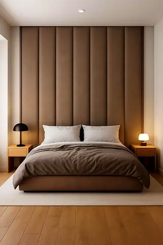 Queen upholstered bed with tall padded headboard in brown