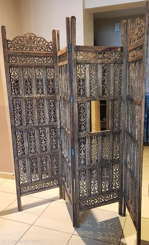 Carved Wooden 4-Panel Room Divider / Privacy Screen — Distressed Finish