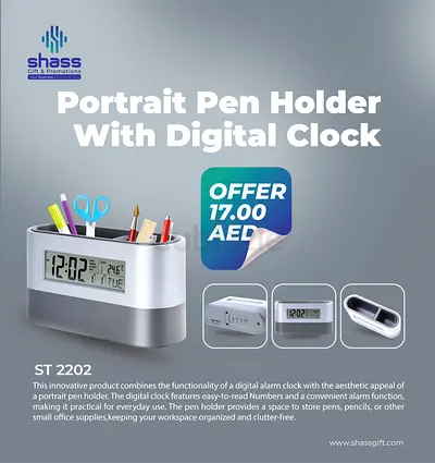 Portrait Pen Holder with Built-in Digital Clock (ST 2202) - Silver