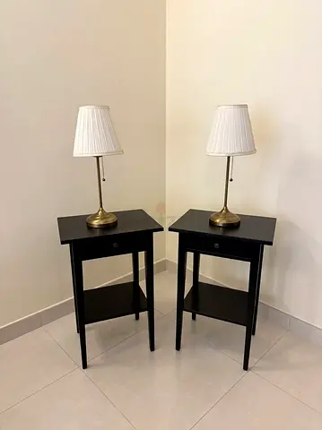 Pair of IKEA Bedside Tables + 2 Brass Lamps