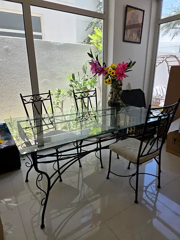 Glass Top Dining Table (170x90 cm) with 6 Wrought Iron Chairs