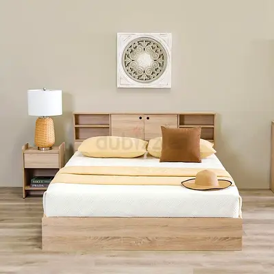 Queen bed frame with headboard storage + matching bedside table + Mattress - oak finish