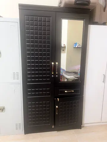 Dark Wood Wardrobe with Mirror - 2-Door, Good Condition