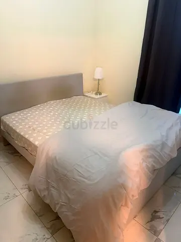 Queen fabric upholstered bed frame with mattress - good condition