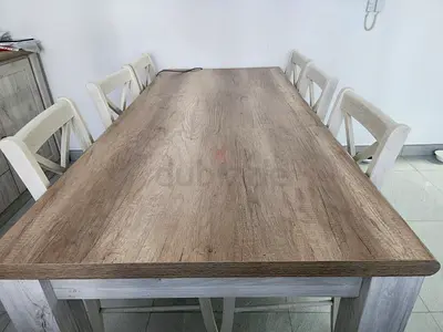 Wooden Dining Table with 6 Matching Chairs - Light Oak Finish and vanity table