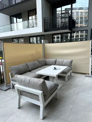 Outdoor/Indoor Patio Sofa Set with Cushions and Coffee Table. Privacy Screen light beige